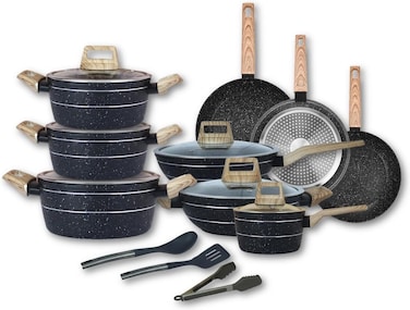 Auroware 18 Piece Non Stick Cookware Set Forged Aluminium, Frypan, Casserole with Lid, Wok Pan with Lid, Saucepan with Lid and Kitchen Utensils, Dishwasher Safe