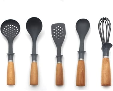 Auroware Kitchen Handle Wood Utensils Set 5 Piece for Baking, Cooking, and Mixing, Dishwasher Safe, Heat Resistant, Soup ladle, Slotted turner, Egg whisk, Solid spoon, and skimmer