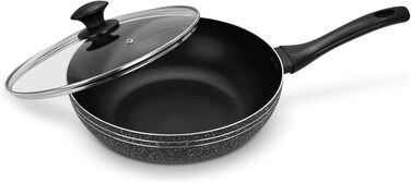 Auroware 26 cm Non-Stick Aluminium Wok Pan with Lid Black Aluminium Marble Coting Side Three layer Non stick coating Strong Handle