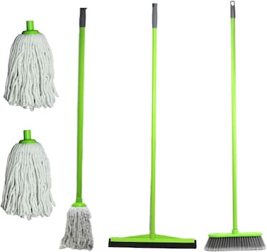 Clean &amp; Care Cleaning Set Broom Wiper Squeegee Cotton Mop with Iron Stick and Two Refill for Home Bathroom kitchen Cleaning Durable and Strong (Assorted Color)