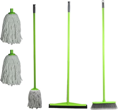 Clean &amp; Care Cleaning Set Broom Wiper Squeegee Cotton Mop with Iron Stick and Two Refill for Home Bathroom kitchen Cleaning Durable and Strong (Assorted Color)