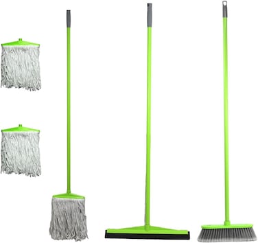 Clean &amp; Care Cleaning Set Home Kitchen Broom with Stick, Wiper With Stick Cotton Mop with Iron Stick and Two Refill (Assorted Color)
