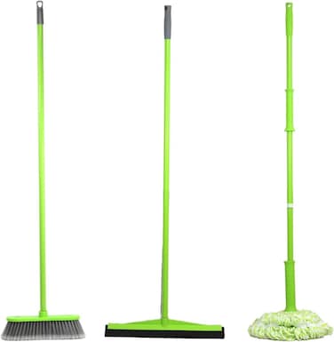 Clean &amp; Care Cleaning Set Combo Indoor Broom Wiper Squeegee Spin Mop All with Iron Stick Long Handle for Home Kitchen Office (Assorted)