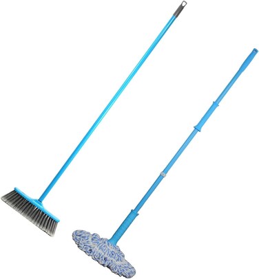 Clean &amp; Care Cleaning Set Combo Indoor Broom Spinning Mop with Iron Stick Long Handle Styiff Bristles Office Home Kitchen (Assorted)