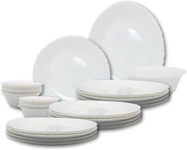 Melrich 26 piece Opalware Dinner set 6 Dinner plate, 6 Dessert plate, 6 Bowls, 6 Soup plate 1 Serving bowl, 1 Serving plate Dishwasher safe Microwave Safe