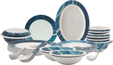 Melrich 26 Pcs Melamine Dinnerware sets Long lasting Strong and Durable Dinner plate, Soup plate, Bowls, Spoons, Oval plates Ladle Salad bowl Oval plate