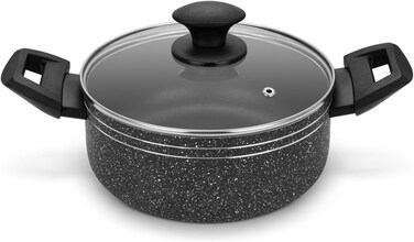 Auroware Non Stick 32cm Casserole with Glass Lid, Black, Pressed Aluminium, Dishwasher safe, Durable and Strong Handle