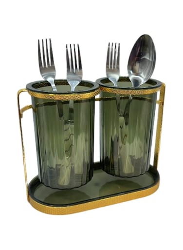 ECVV Stainless Steel ABS plastic Clear + Gold Spoon and Fork Cutlery Holder 20.5x11x17 cm   Restaurant Hotel Tableware Fork Knife Spoon Storage Cage Kitchen Wire Hanging Rack, Round Shape