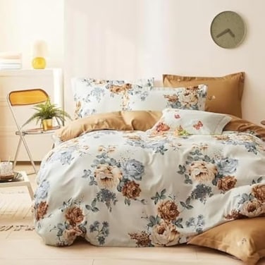 GOLDEN HOME  6-Piece King Size Duvet Cover Set, 1 Duvet Cover + 1 Fitted Sheet + 4 Pillow Cases, Microfibre, Muesli