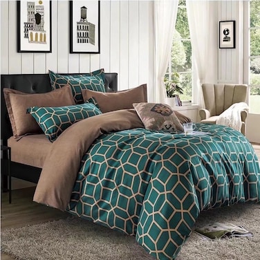 GOLDEN HOME  6-Piece Queen Size Duvet Cover Set, 1 Duvet Cover + 1 Fitted Sheet + 4 Pillow Cases, Microfibre, Muesli