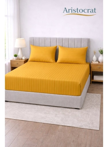 3-Piece Striped Microfiber Fitted Sheet Set Queen 150x200cm &acirc;&euro;&ldquo; Soft Elastic Deep Pocket 17cm Bedsheet with 2 Pillowcases 50x70cm, Gold Microfiber Gold 150X200+17cm