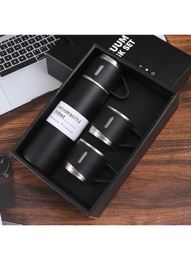 Nessan 3-Piece Stainless Steel Gift Set Vacuum Thermal Mug Flask Bottle with 2 Extra Cup Set Leak-proof Mug Insulated Travel Business Trip Water Bottle Thermos Hot &amp; Cold Up to 12 Hours 500ml - Black