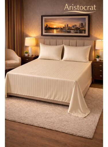 3&acirc;&euro;&lsquo;Piece Striped Microfiber Flat Bed Sheet Set, suitable for Queen and King sizes, 220x240cm &acirc;&euro;&ldquo; Soft Breathable Flat Sheet with 2 Pillowcases 50x70cm, Cream Microfiber Cream 220x240cm