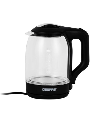 Geepas Geepas-Electric Glass Kettle, Cord Storage, Glass Body Clear Water Label Gauge,Safe &amp; Convenient, automatic Shut-Off Function &amp; Boil Dry Protection, black/Clear, 1.8 L, GK9901N