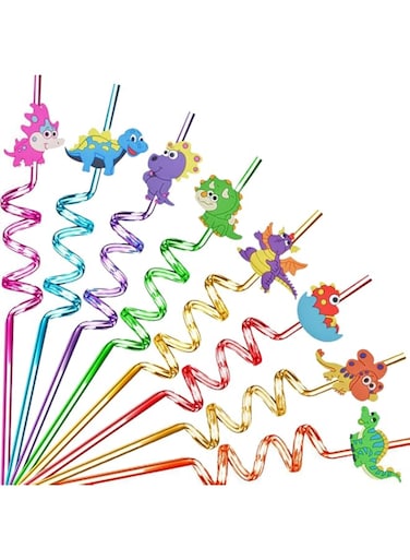 U-HOOME Reusable Twisty Drinking Straws，8PCS Plastic Crazy Drinking Straws Dinosaur Straws Kids Birthday Party Supplies Colorful Dinosaur Plastic Straws for Family Kids or Party Use, 790AP
