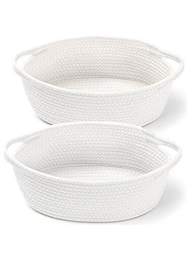 Erweicet 2 Pack Small Woven Basket,Woven Baby Laundry Blanket Basket Toy Basket with Handle Storage Comforter Cushions Thread Laundry Hamper,All 12"x 8"x 5",White