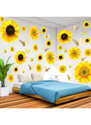 HLARTNET Large Sunflower Wall Stickers - 39 PCS Sunflower Daisy Decals for Wall 3D Butterfly Wall Sticker Sunflower Bathroom Nursery Decor Removable Yellow Flowers Decal for Kitchen Bedroom Decoration