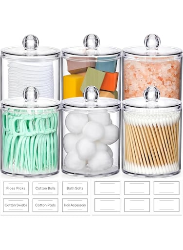 AOZITA 6 Pack Qtip Holder Dispenser for Cotton Ball, Cotton Swab, Cotton Round Pads, Floss - 10 oz Clear Plastic Apothecary Jar Set for Bathroom Canister Storage Organization, Vanity Makeup Organizer