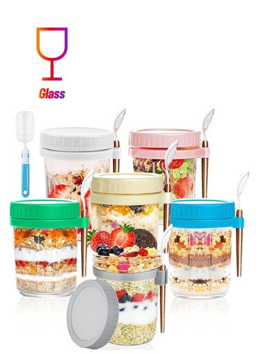 6 Packs Overnight Oats Containers with Lids and Spoons, 12oz Glass Airtight Yogurt Overnight Oats Jars, Large Capacity Airtight Jars for Milk, Cereal, Fruit
