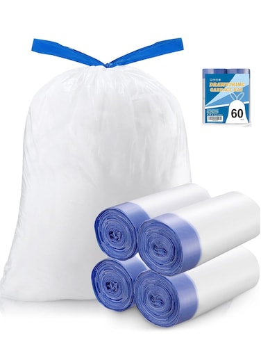 Trash Bags 6 Gallons Drawstring Garbage Bags 60 Count for Office, Living Room, Kitchen and Bathroom Trash Cans- Thickened, Stretchy, Unscented