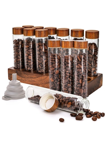 12 Packs Set Coffee Bean Storage Tubes, Glass Cellars with Wooden Stand, Dosing Vials with Lids and Funnel for Coffee Bean Tea Spices Storage,2oz
