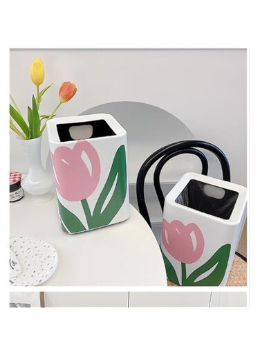 BIOPLJ Simple Clean Modern Style Tulips Wastebasket with 20 garbage bags, Large Open Top Trash Bin, White Garbage Can with Removable Plastic Bin, Decorative Trash Can for Home (square)
