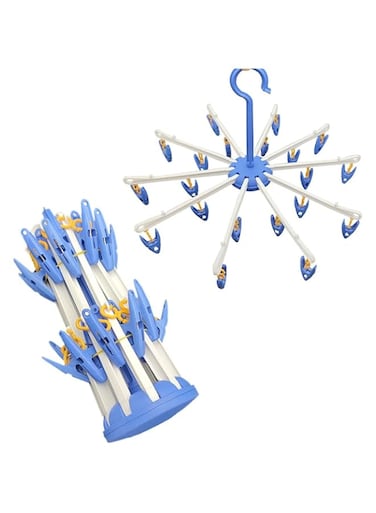 Excefore Foldable Laundry Clip Hangers - 2 Pack with 20 Sturdy Clips for Socks, Lingerie &amp; Clothes - Drip Drying Plastic Hangers in Blue