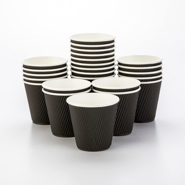 Restaurantware RWA0302B-25 8 Ounces Wide Black Disposable Ripple Wall Coffee And Tea Cup 25 Count, Paper