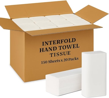 Premium Interfold Tissue, Interfold Hand Towel Tissue Paper - 150 Sheets x 20 Packs (3000 Sheets Total) - High Absorbency Multi-Fold Paper Towels for Home, Office &amp; Commercial Use - White Tissue