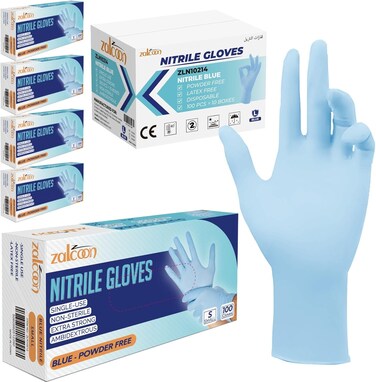 زالكون قفازات نتريل للفحص، قفازات للاستخدام مرة واحدة خالية من اللاتكس، مقاومة للمواد الكيميائية وخالية من البودرة، للاستخدامات المتعددة، آمنة على الطعام وغير معقمة (عبوة من 5 قطع × 100 قطعة) - كبيرة