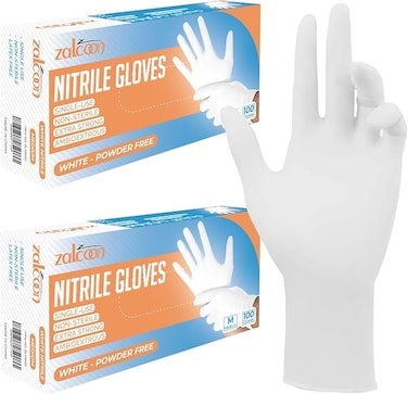 ZALCOON Disposable Gloves Nitrile Exam Gloves WHITE Powder-Free Non-Sterile Food Safe Cleaning Gloves, Medium (2 Pack x 100 Pieces)