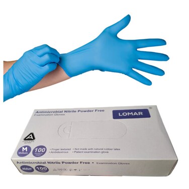 LOMAR Antimicrobial Nitrile Examination Gloves - Powder-Free, Finger Textured, Latex-Free (Size Medium, 100 Pcs/Box)
