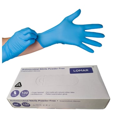 LOMAR Antimicrobial Nitrile Examination Gloves - Powder-Free, Finger Textured, Latex-Free (Size Small, 100 Pcs/Box)