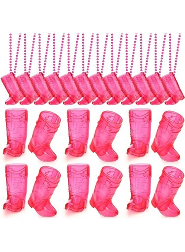 Boot-shaped miniature wine glass beaded necklace, made of plastic, featuring a cowgirl figure. Perfect for brides and grooms, bachelor/bachelor parties, carnivals, birthday parties, and weddings (12 pieces)