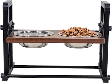 Wooden elevated pet feeder station with 3 height-adjustable, 2 Stainless steel bowls, Sturdy metal frame, and Anti-slip bottom, Pet food &amp; water bowl for Small-sized pets, Easy assembly, 42 cm (Black)
