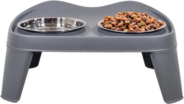 Raised dog bowl with Durable PP material, 2 Stainless steel food bowls, Non-slip bottom, and Detachable legs, Ergonomic pet feeding station for small-sized dogs, Easy assembly, 35 cm (Grey)