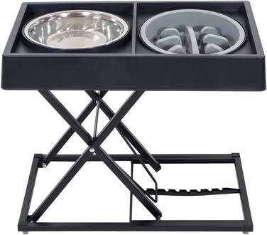 Elevated stainless steel dog feeder stand with 1 Slow feeder &amp; 2 Stainless steel bowls, 8 Height adjustable raised dog feeder for Medium to Large breeds, Easy to clean, 52cm (Black)