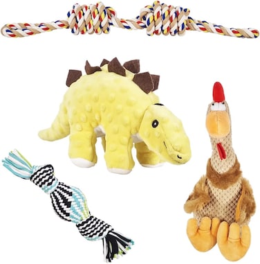 Dog chewing toys for Aggressive chewers, Durable calming odorless chew toys with Chicken, Dinosaur, and Chew ropes, Ideal for dental health and Interactive play for all dog breeds (4Pcs)