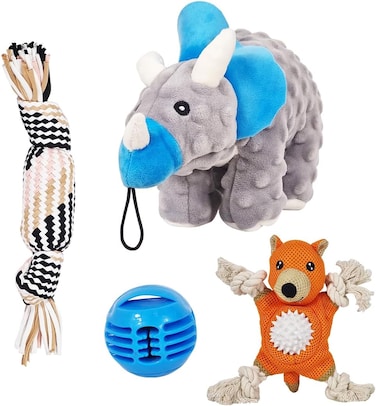 Dog chewing toys for Aggressive chewers, Durable calming odorless chew toys with Dinosaur, Bear, and Rope Toy themes, Ideal for dental health and Interactive play for all dog breeds (4Pcs)