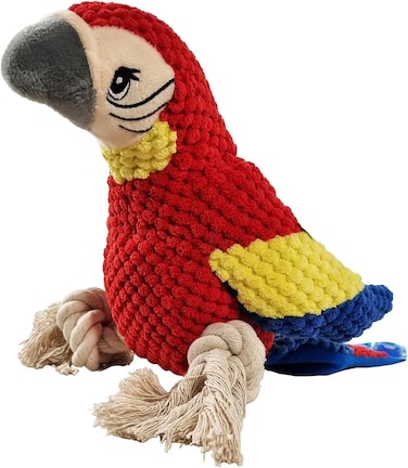 Squeaky Plush parrot toy for Teeth cleaning and Stress relief, Durable chew-resistant dog toy with Parrot theme and Polyester materials, Suitable for Aggressive chewers (Red)