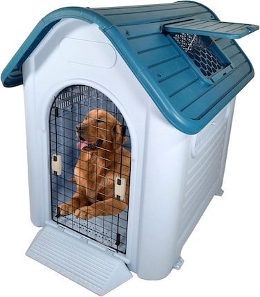Waterproof plastic dog house with Roof, Durable PP material, Ventilation holes, Lockable door, and Raised floor, Indoor/Outdoor pet shelter for Large dogs, Easy to assemble, 113 cm (Blue)