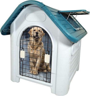 Waterproof plastic dog house with Roof, Durable PP material, Ventilation holes, Lockable door, and Raised floor, Indoor/Outdoor pet shelter for Small to medium dogs, Easy to assemble, 75 cm (Green)