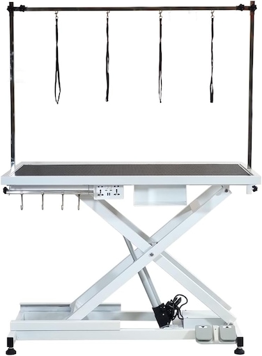 Electric Pet Grooming Table with Foot pedal, Power outlets &amp; USB, Tool Hook and Storage, 191 cm Dog grooming station with Electric motor, Non-slip &amp; Replaceable surface, Height adjustable (White)