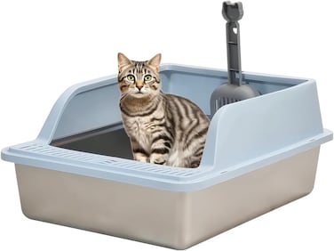 Semi-enclosed stainless steel cat litter box with a Litter scoop, Grid design, and High wall side cover, Durable litter box for Indoor cats, Detachable design for easy cleaning, 50 cm (Blue)