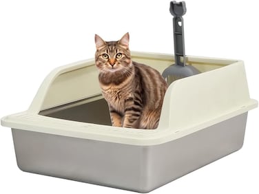 Stainless steel cat litter box for Indoor/Outdoor use, Durable Semi-enclosed cat toilet with High fence, Litter scoop, Non-stick, Grid design, and Detachable design, Easy to clean, 50 cm (Beige)