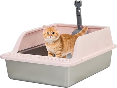 Stainless steel cat litter box for Indoor/Outdoor use, Durable Semi-enclosed cat toilet with High fence, Litter scoop, Non-stick, Grid design, and Detachable design, Easy to clean, 50 cm (Pink)