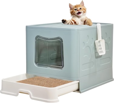 Cat Litter Box with Front Entry &amp; Top Exit, Transparent Door, Sand Filter Pedal, Litter Scoop, and Drawer Type, Foldable Cat Litter house box for Indoor Cats, Easy to Clean 60 cm (Green)