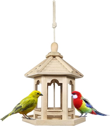Wooden hanging feeder for attracting hummingbirds and small birds, Automatic seed dispenser with Transparent acrylic design and Hanging Rope, Weather-resistant 25 cm (Beige)