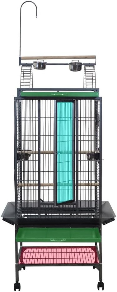 Large bird cage with Feeding bowls, Wooden perches, and Metal wire, 205 cm Parrot cage with Play top, Mesh shelf, Removable tray and Rolling stand, Hanging bird toy, Indoor-outdoor use (Black)