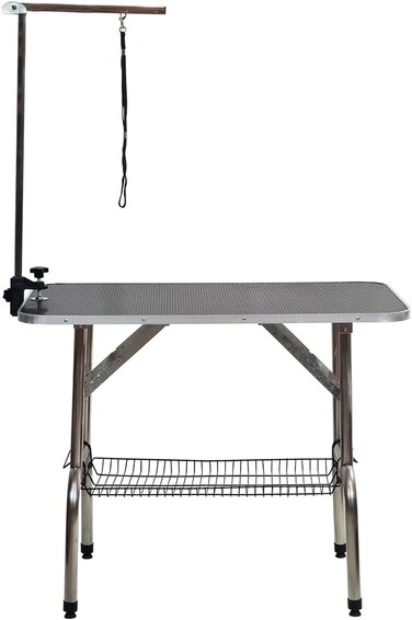 Foldable Pet Grooming Table with Non-slip surface, Folding crossbeams, and Portable Beauty station for small to medium pets, Space saving design, Storage Basket, Adjustable Arm &amp; Noose, 152 cm (Black)